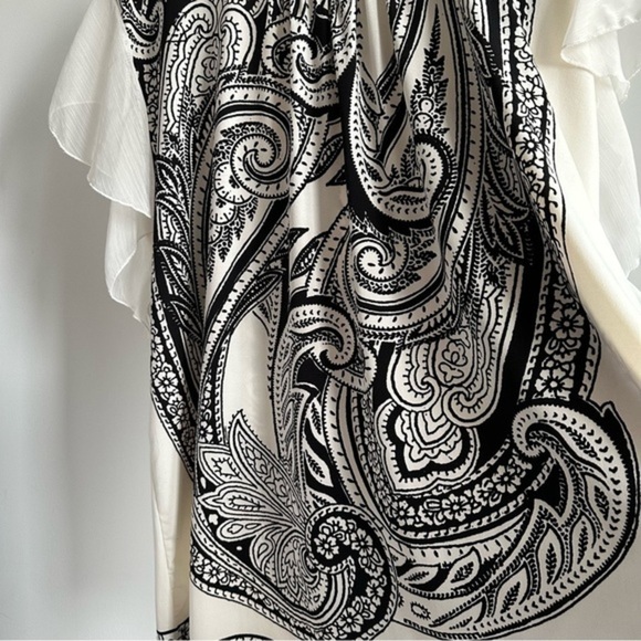 QED London Boho Tunic Top Dress White Black Paisley Flutter‎ Ruffle Sleeves - L - Picture 5 of 14